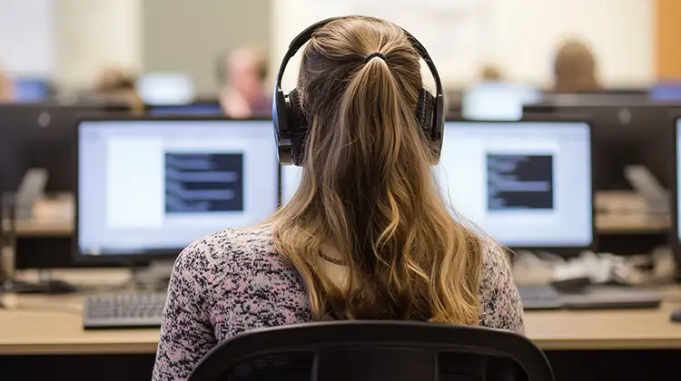 Persona vista di spalle mentre guarda i monitor, indossando le cuffie