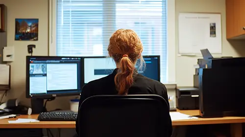 Donna di spalle in ufficio, con capelli legati, mentre segue un corso online