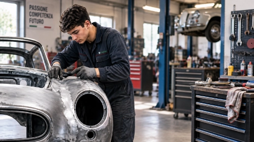 Studente CAPAC al lavoro sulla carrozzeria di un'auto d'epoca in un laboratorio di meccatronica automotive, indossa una tuta da lavoro blu e guanti protettivi